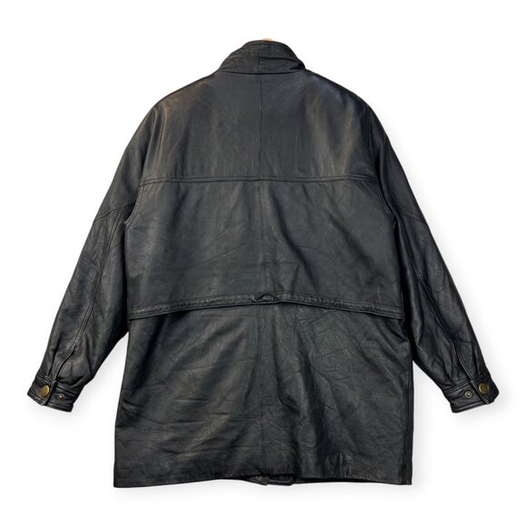 Vintage 90s Charles Klein Mens Leather Field Jacket Black Coat Waist Ties Sz XL - Picture 3 of 16